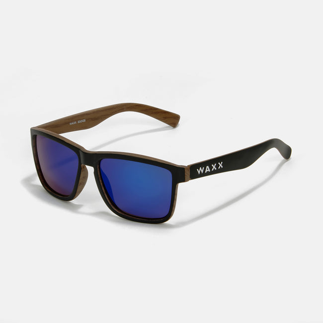 Waxx Wayfarer Style Unisex Sunglasses Black Wood Frame & Gasoline Lenses